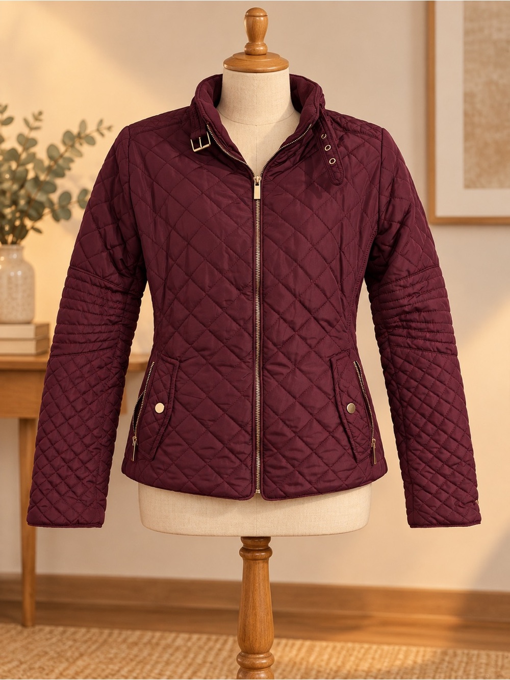 Women's Quilted Zip Jacket in Plum with Stand Collar